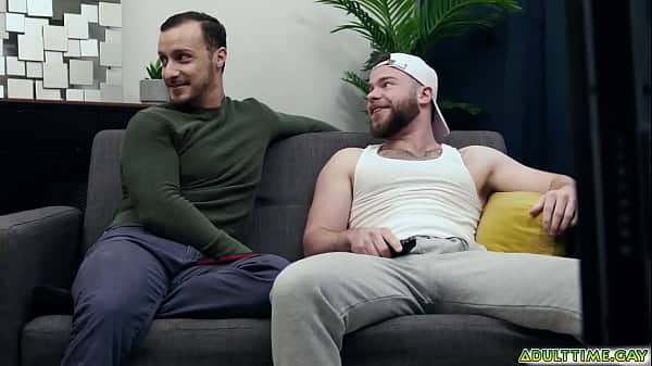 Marcus McNeil hanging out with his new gay roommate Zack Mackay when they hear their third roomie fucking a guy
