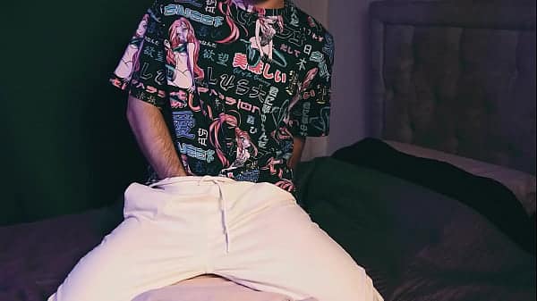 a young guy in an anime t-shirt masturbates loudly and smears his pillow with sperm. 4K VIDEO