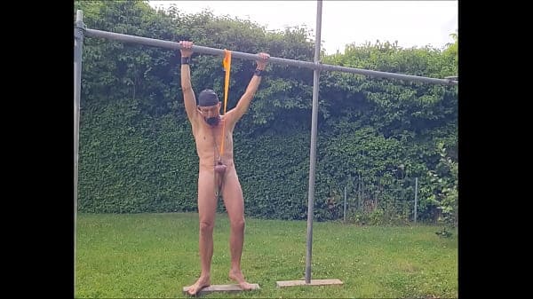naked gay slave pig exposed outdoor tied up at my testicles, because it hurts I did fitness, BDSM CBT