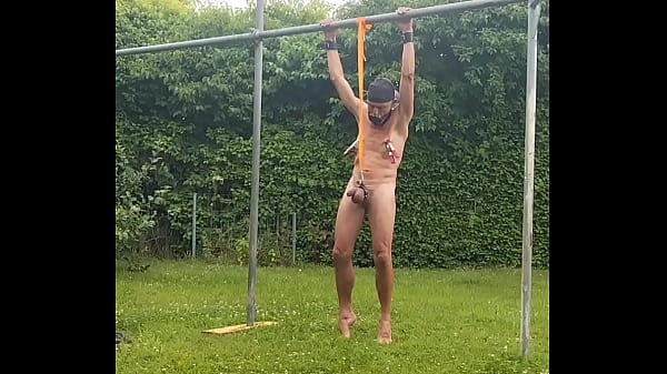 naked gay slave pig exposed outdoor tied up at my testicles, because it hurts I did fitness, BDSM CBT