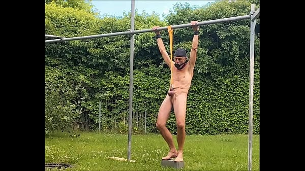 naked slave pig exposed outdoor still tied up at my testicles, may play with dildo in ass, BDSM CBT