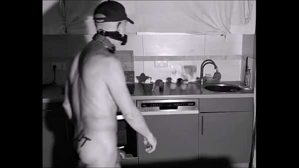 naked pathetic slave in penis cage doing housekeeping, cucumber fuck, dildo use in kitchen, dirty slut,