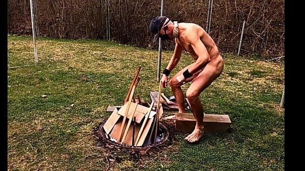 naked pathetic outdoor slave prepare the campfire, jerk off, dildo fuck
