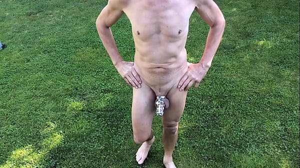 naked pathetic slave outdoor penis cage check, pee, watch how dildo in gay ass bulge my belly button, cmnm