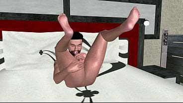 3D Gay Porn: Solo Hunk Fingers Ass & Shakes Huge Cock Simultaneously on Bed